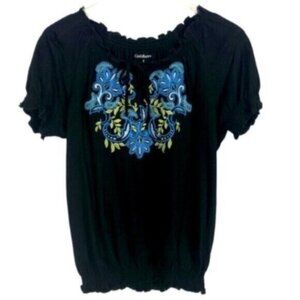 Croft & Barrow | Blue Embroidery Tie Neck Short Sleeve Top Size Small